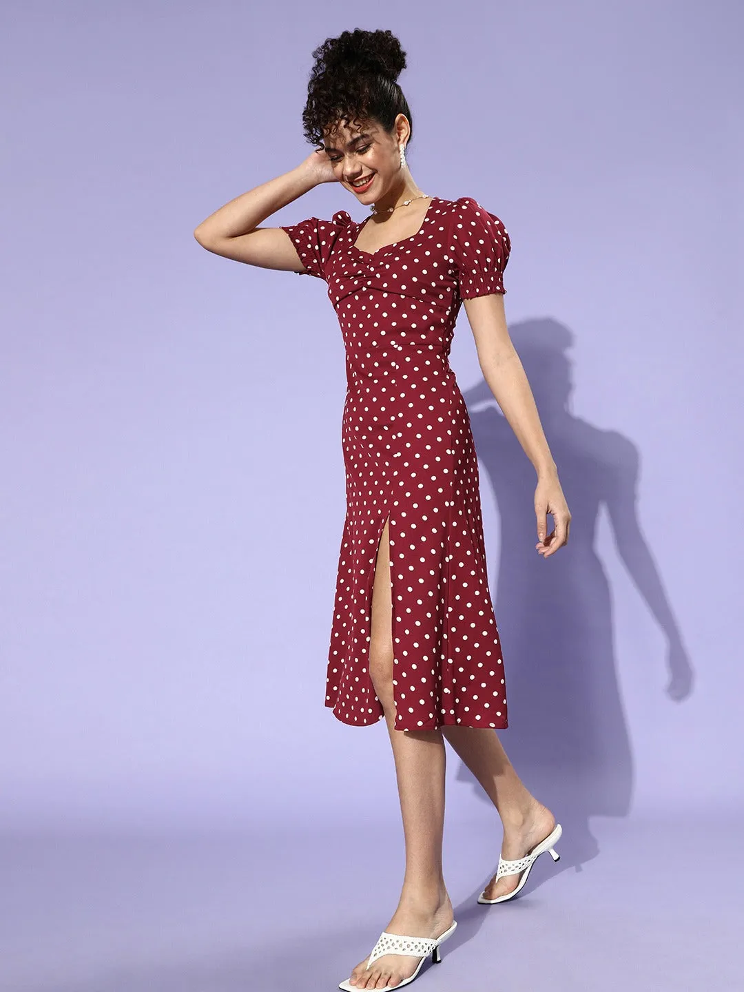 Berrylush Women Red Polka Dot Printed Sweetheart Neck A-Line Midi Dress