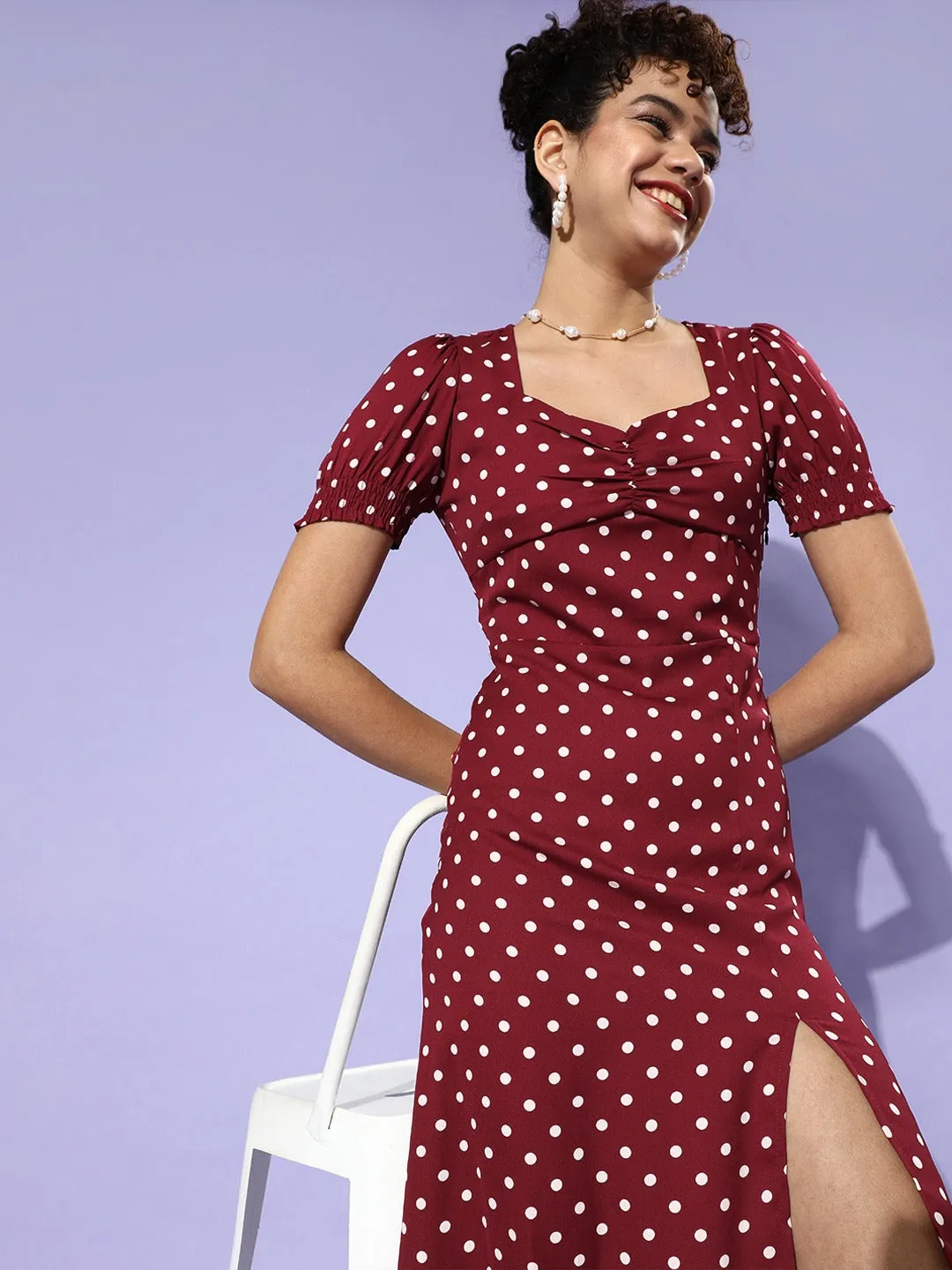 Berrylush Women Red Polka Dot Printed Sweetheart Neck A-Line Midi Dress