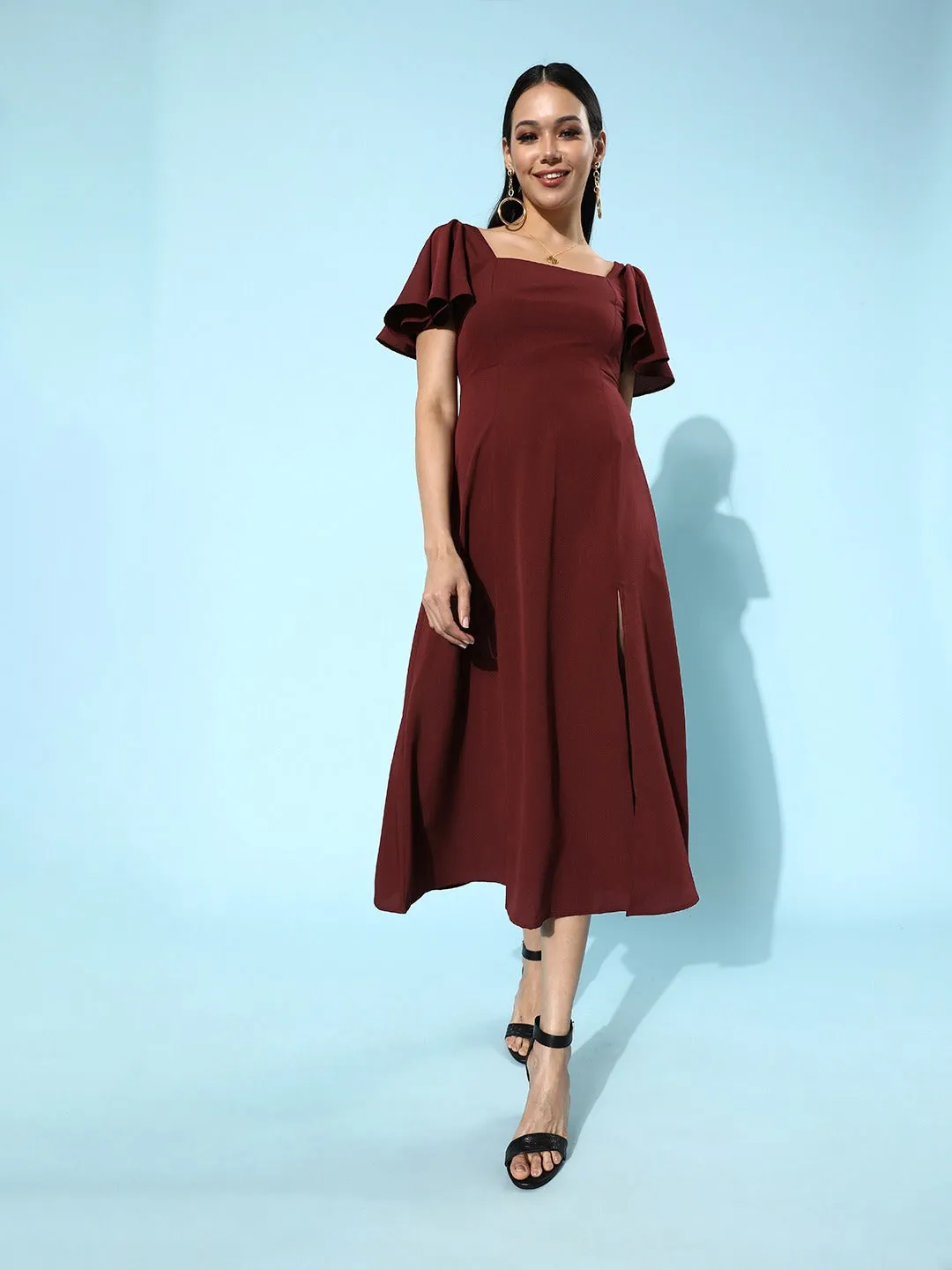 Berrylush Women Solid Maroon Square-Neck Thigh-Slit A-Line Midi Dress