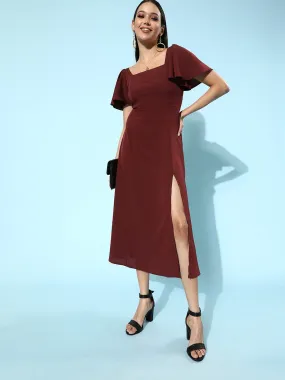 Berrylush Women Solid Maroon Square-Neck Thigh-Slit A-Line Midi Dress