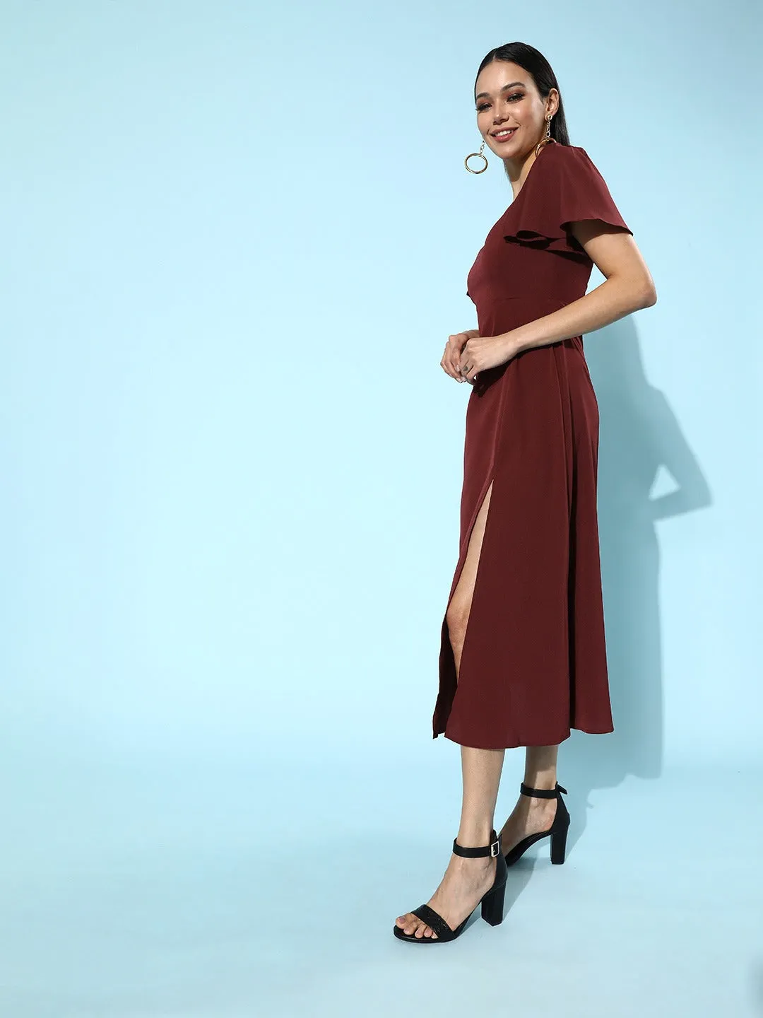 Berrylush Women Solid Maroon Square-Neck Thigh-Slit A-Line Midi Dress