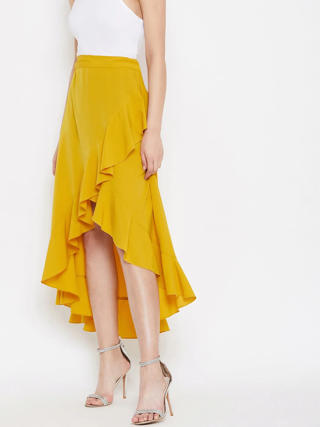 Berrylush Women Solid Yellow High-Low Ruffled Wrap Midi Skirt