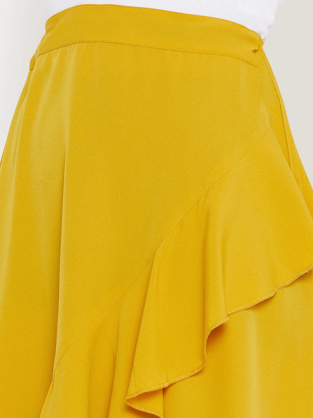 Berrylush Women Solid Yellow High-Low Ruffled Wrap Midi Skirt