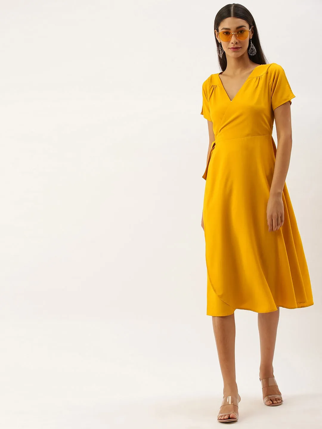 Berrylush Women Solid Yellow V-Neck Wrap Midi Dress