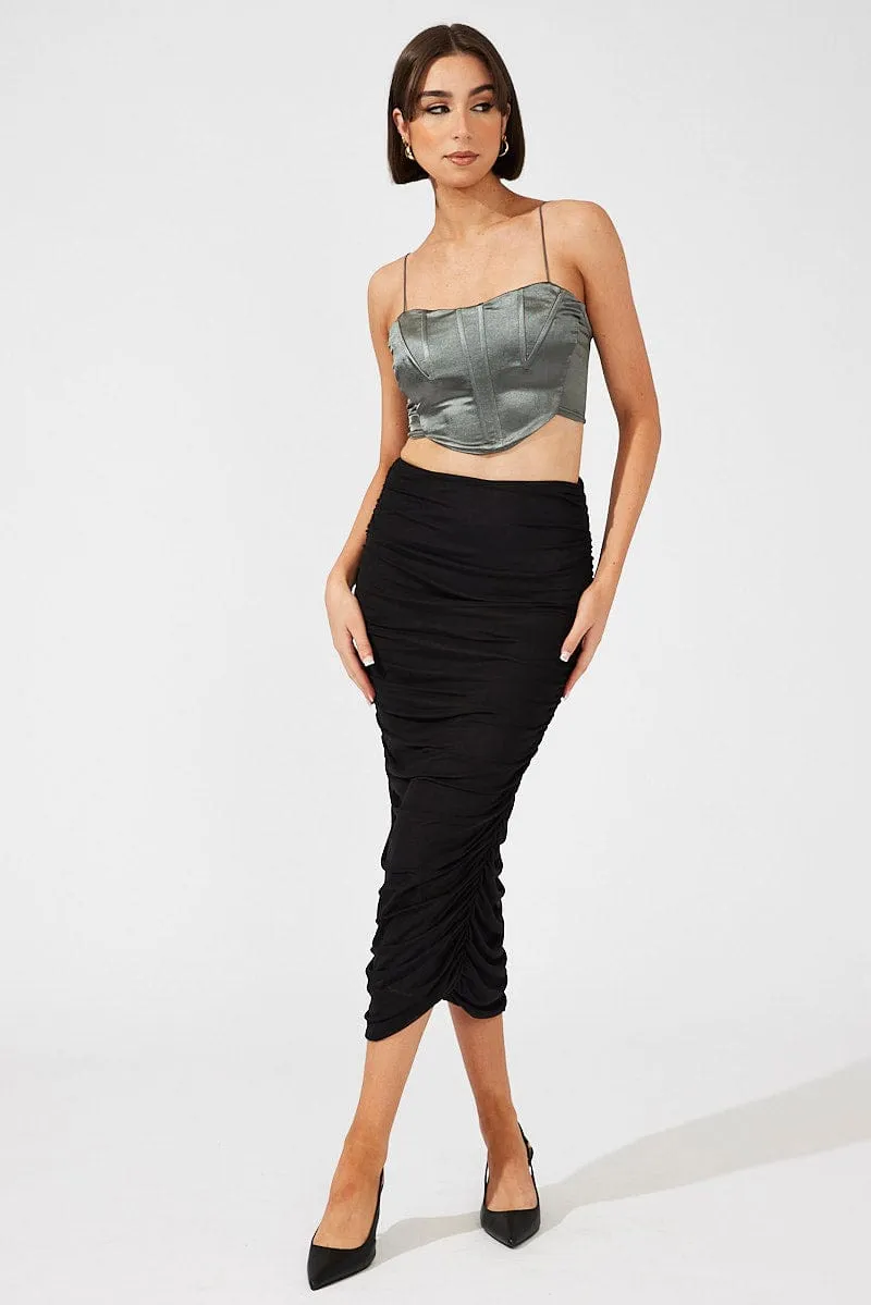 Black Abstract Midi Skirt Side Ruched Mesh