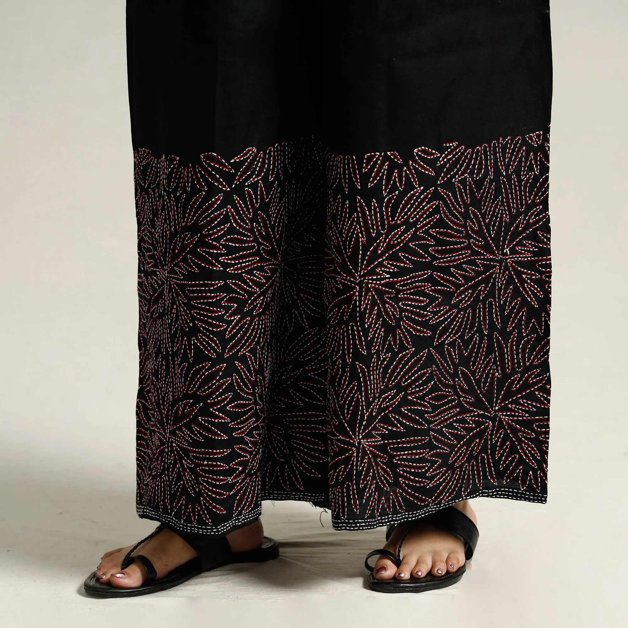 Black - Bengal Kantha Embroidered Pure Cotton Palazzo 02