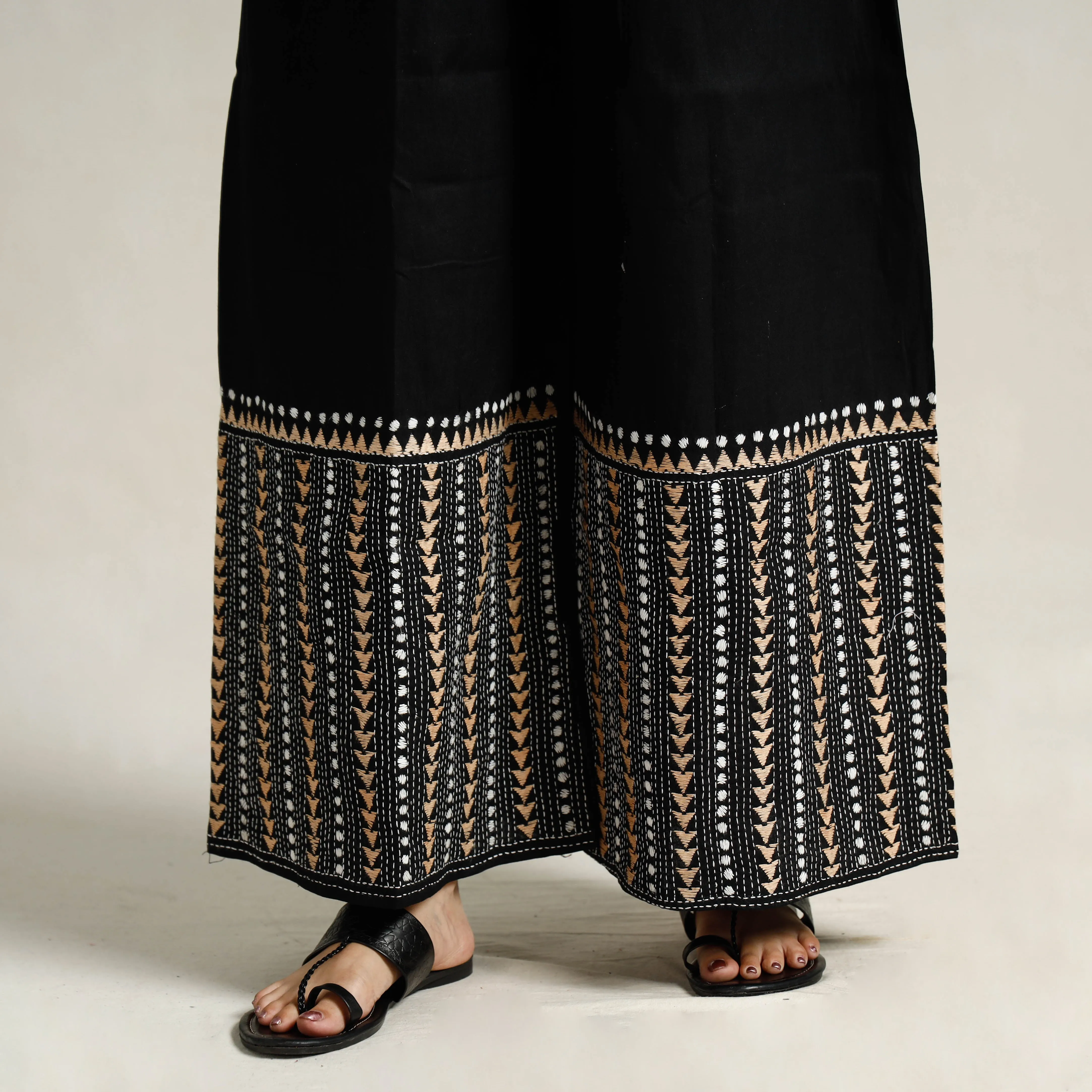 Black - Bengal Kantha Embroidered Pure Cotton Palazzo 06