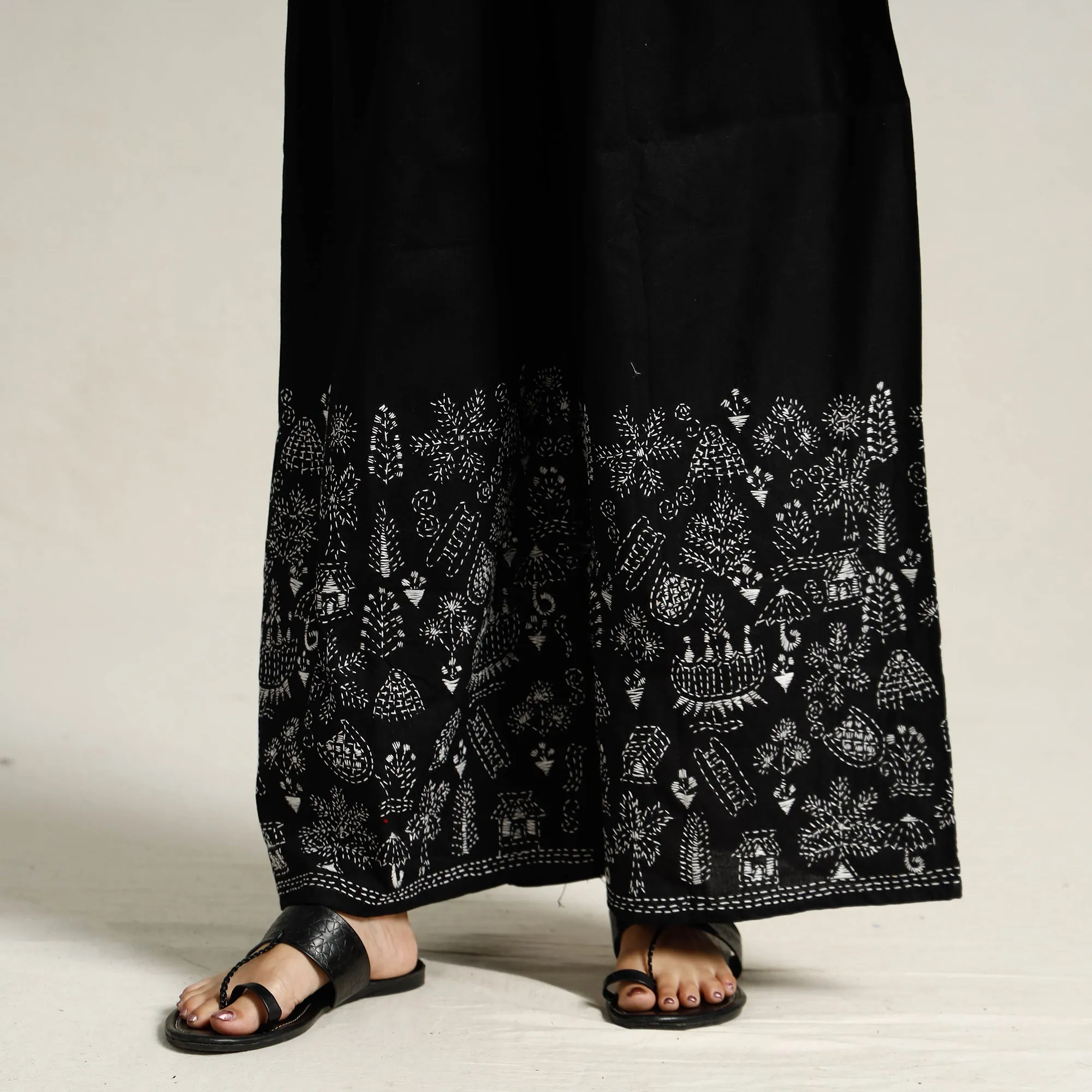 Black - Bengal Kantha Embroidered Pure Cotton Palazzo 31