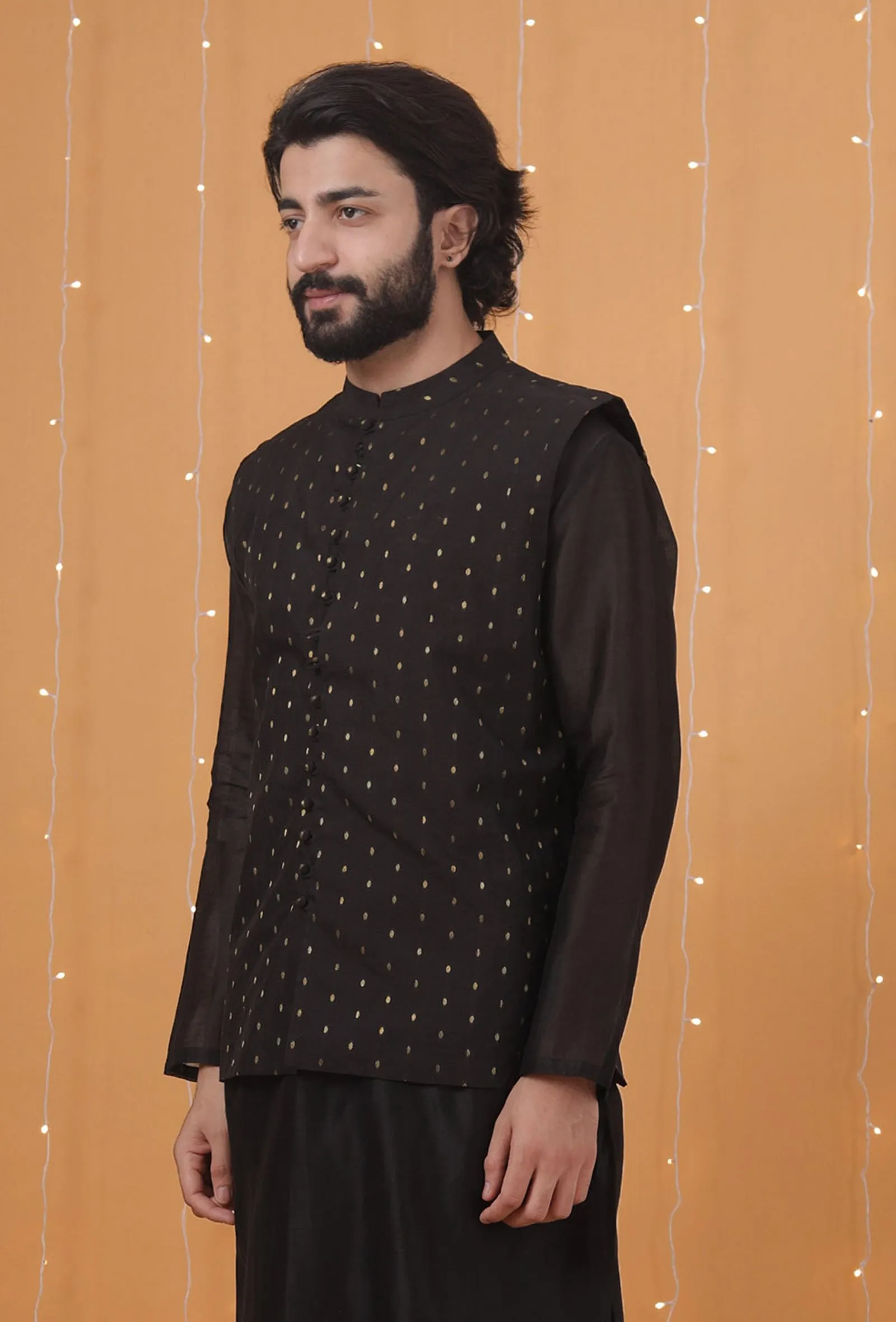 Black Dobby Chanderi Nehru Jacket