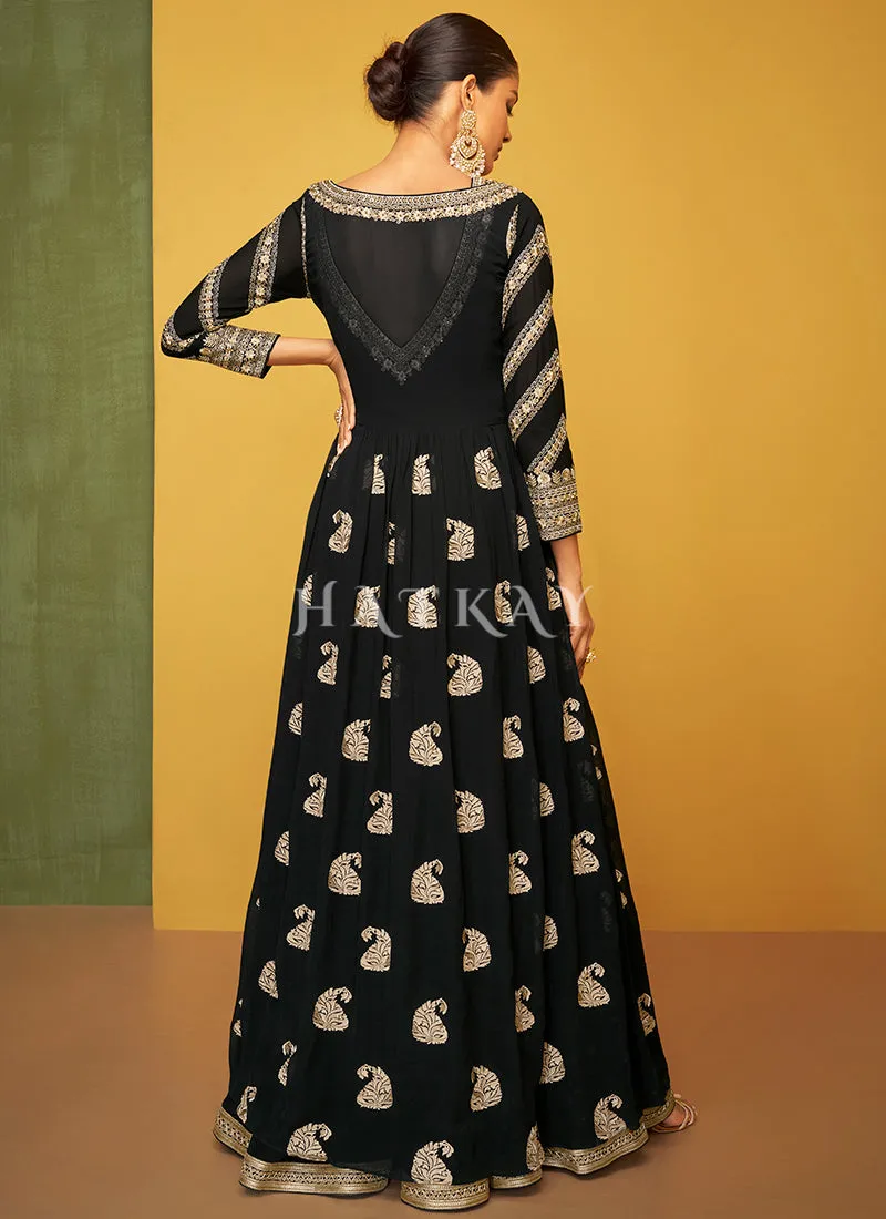 Black Embroidery Jacket Style Anarkali Gown