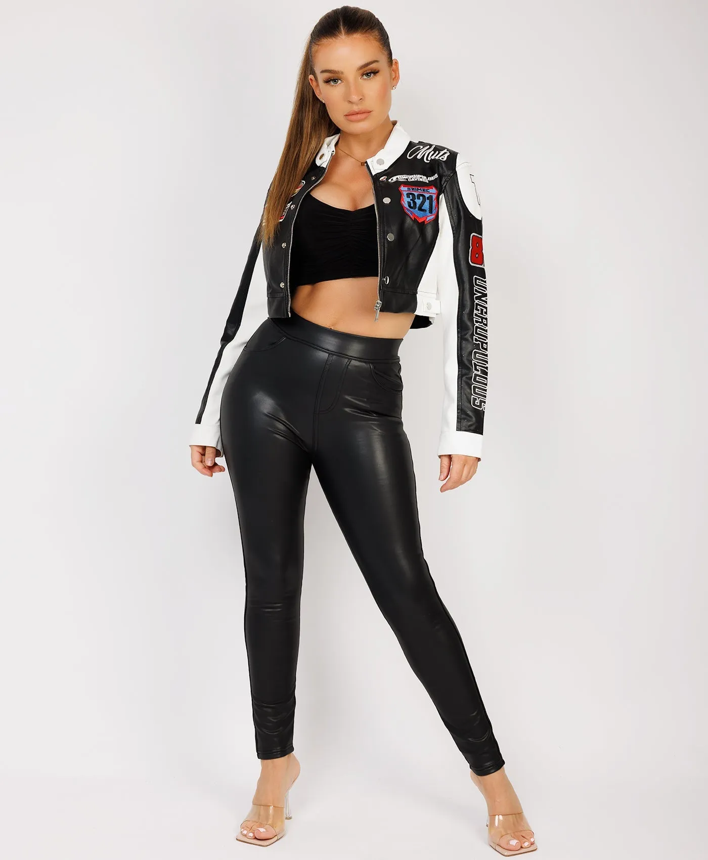 Black Faux Leather Embroidered Cropped Racer Jacket