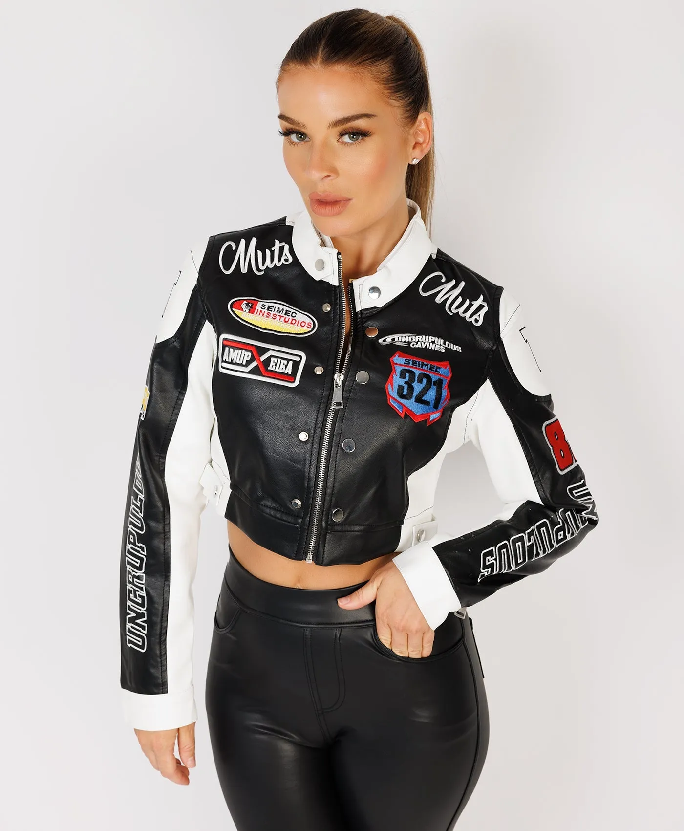 Black Faux Leather Embroidered Cropped Racer Jacket