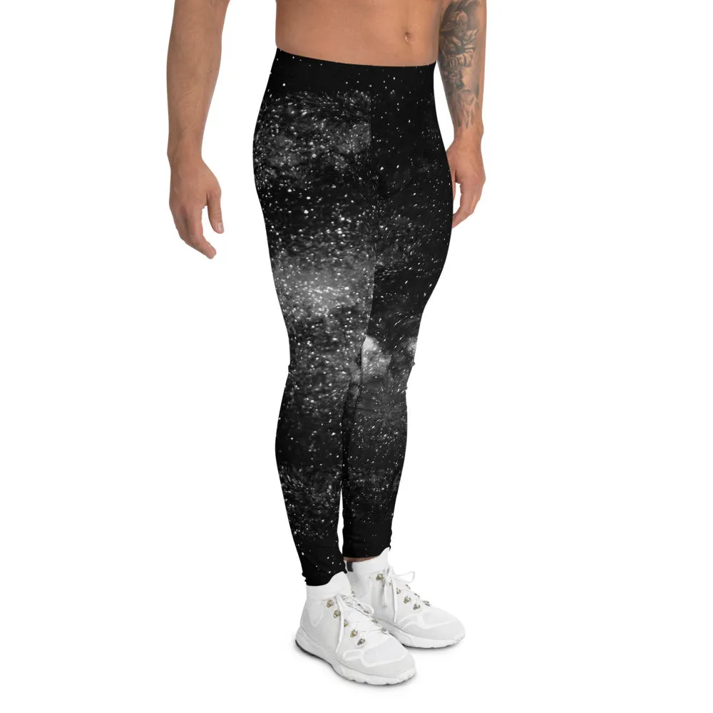 Black Mysterious Galaxy Men's Leggings, Cosmos Interstellar Men Run Tights-Made in USA/EU/MX