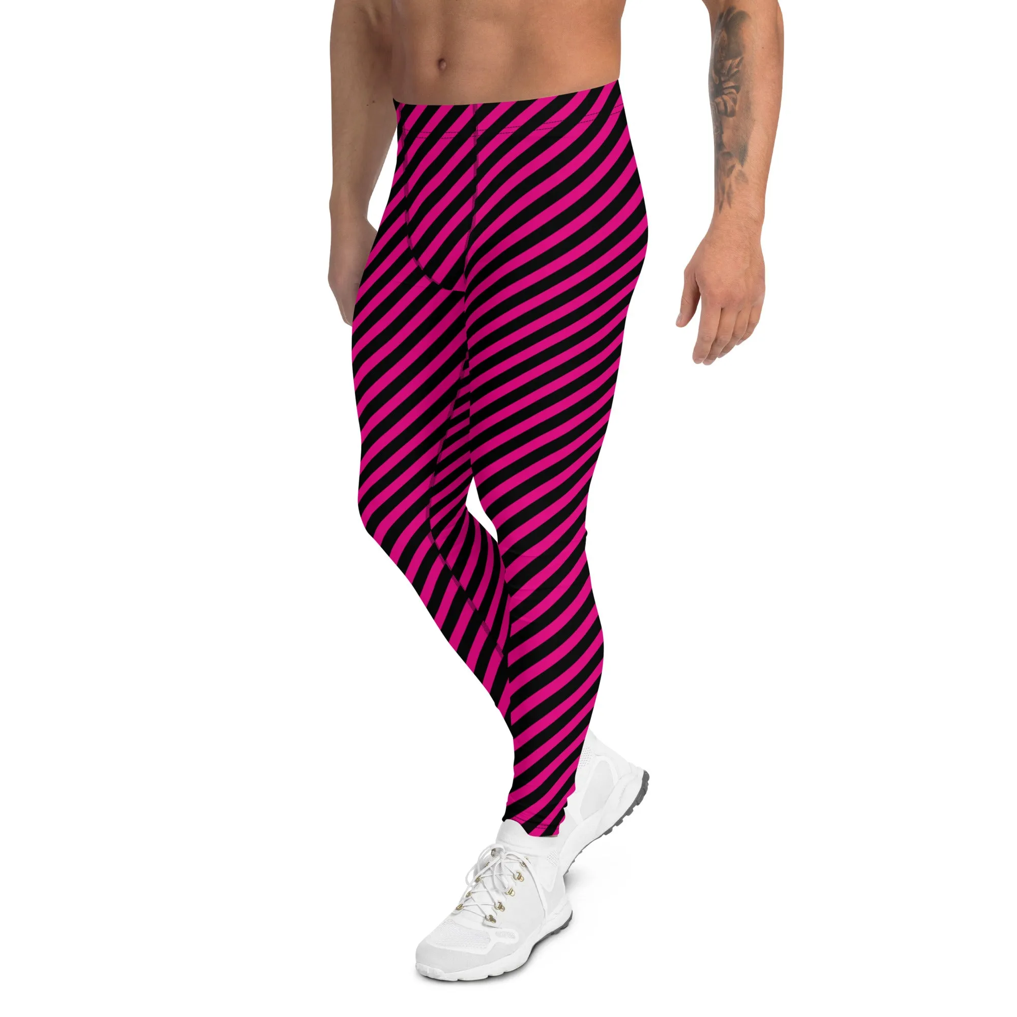 Black Pink Diagonal Striped Meggings, Colorful Best Compression Tights For Men - Made in USA/EU/MX