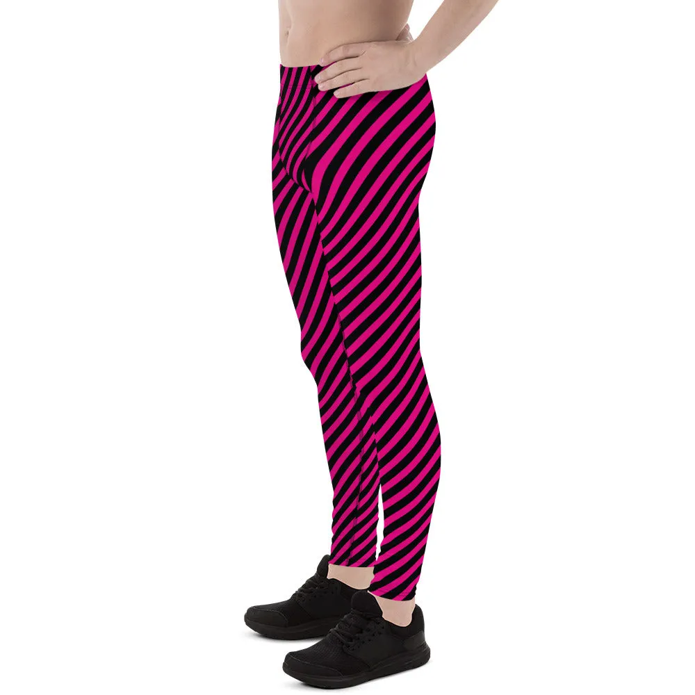 Black Pink Diagonal Striped Meggings, Colorful Best Compression Tights For Men - Made in USA/EU/MX