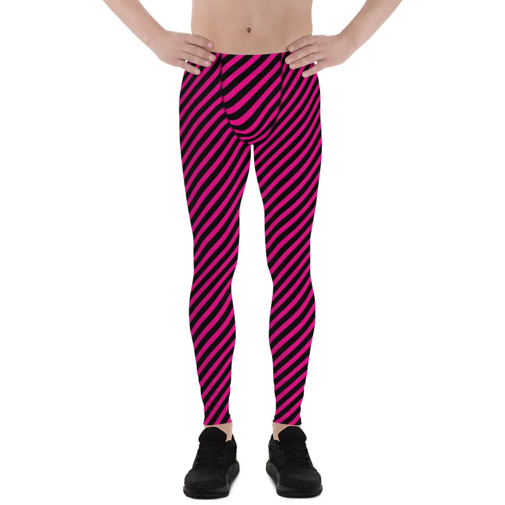 Black Pink Diagonal Striped Meggings, Colorful Best Compression Tights For Men - Made in USA/EU/MX