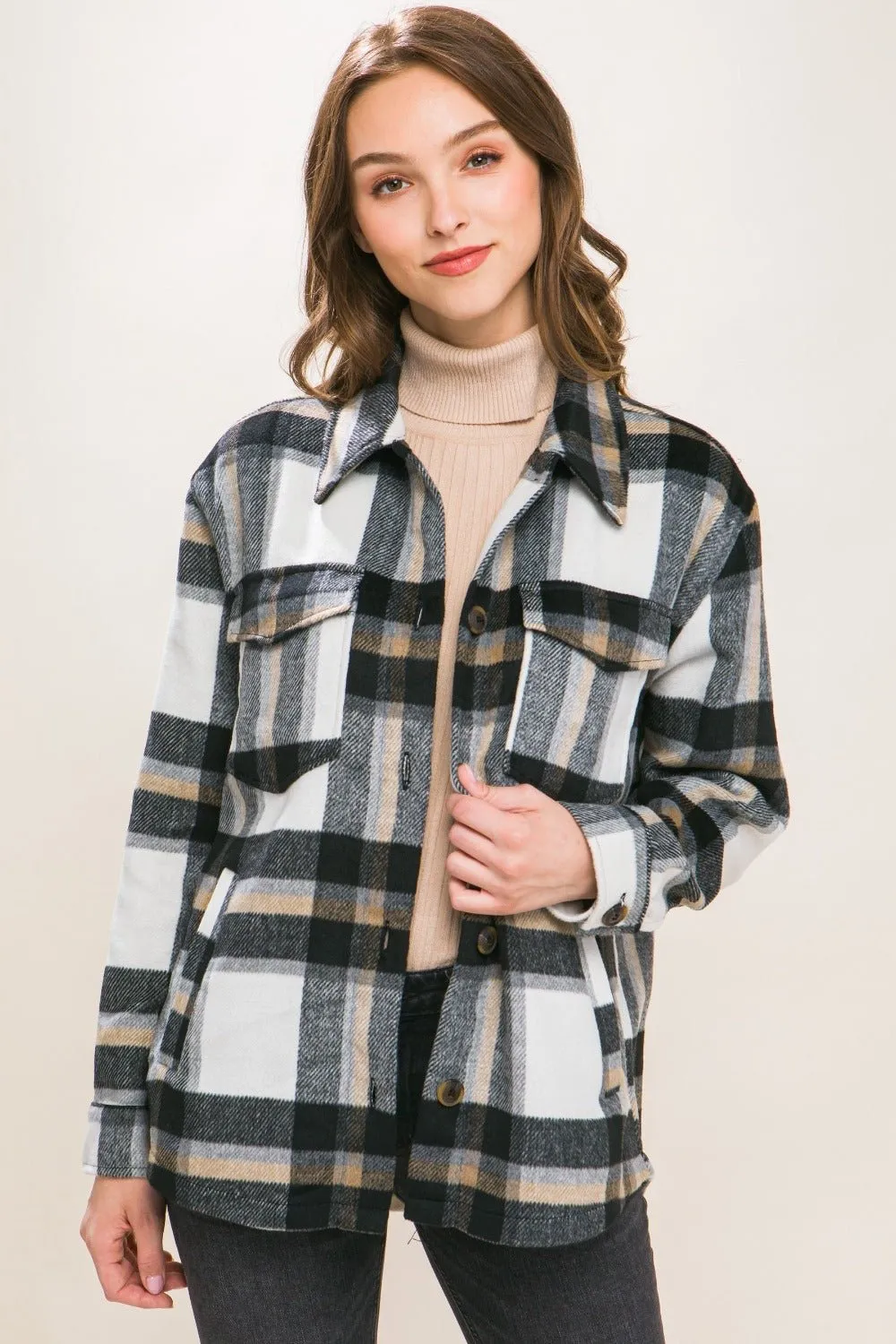 Black Plaid Button Up Shacket