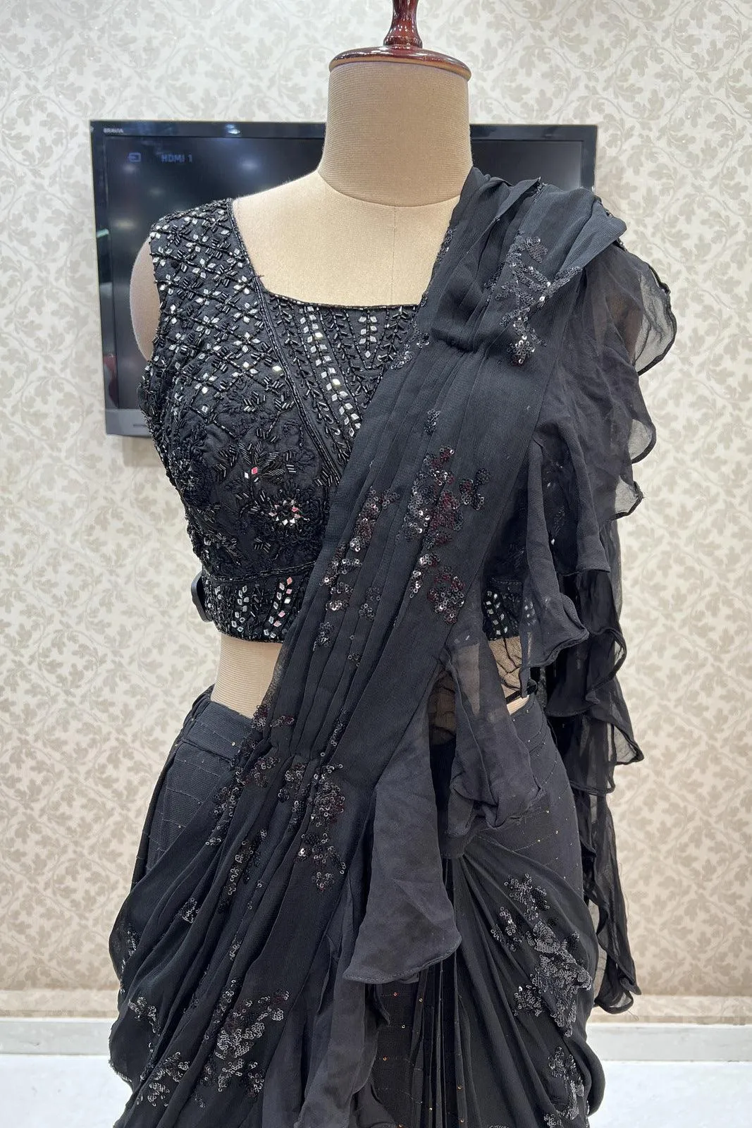 Black Readymade Fancy Saree and Readymade Blouse with Designer Poncho