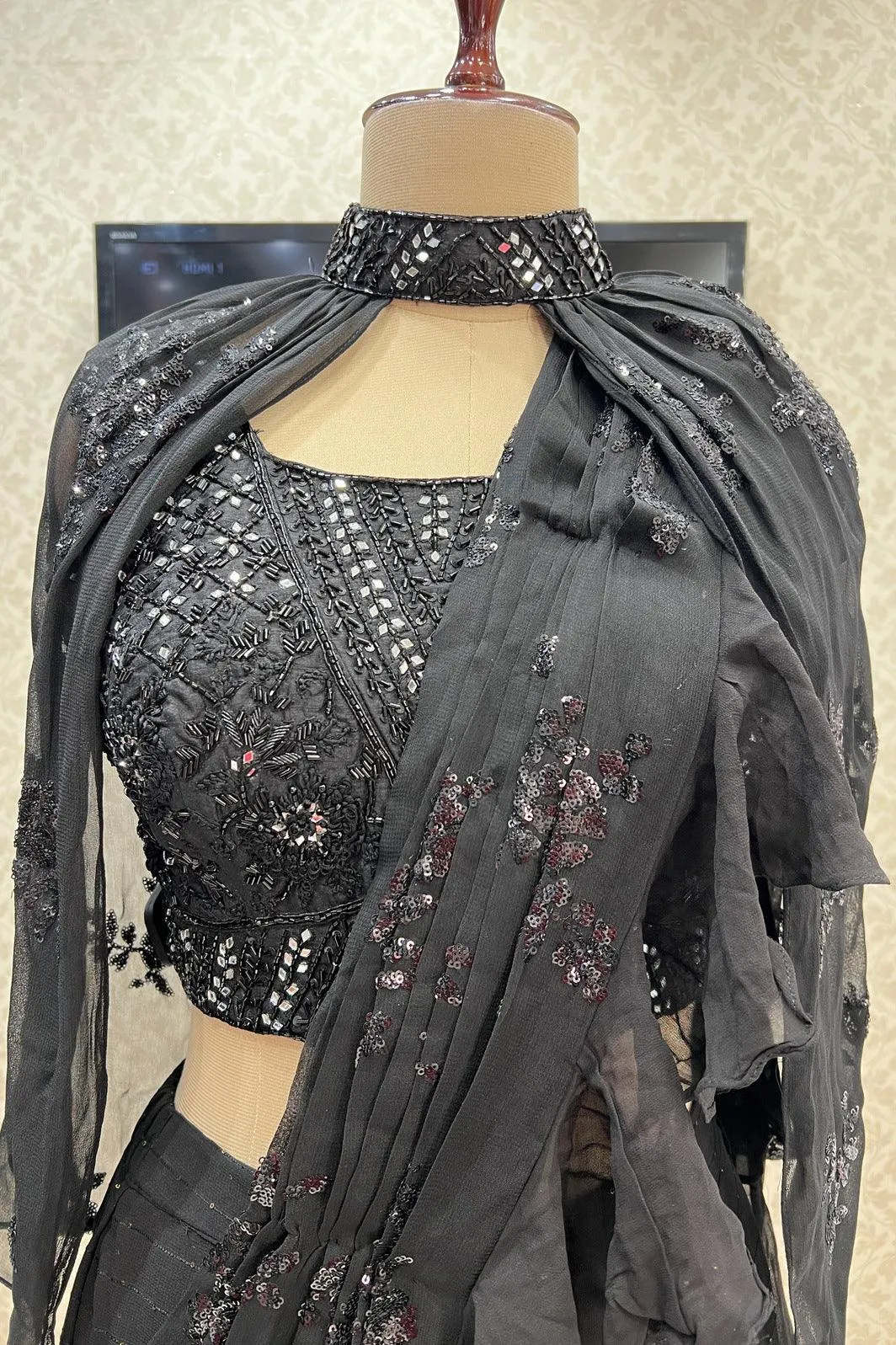 Black Readymade Fancy Saree and Readymade Blouse with Designer Poncho