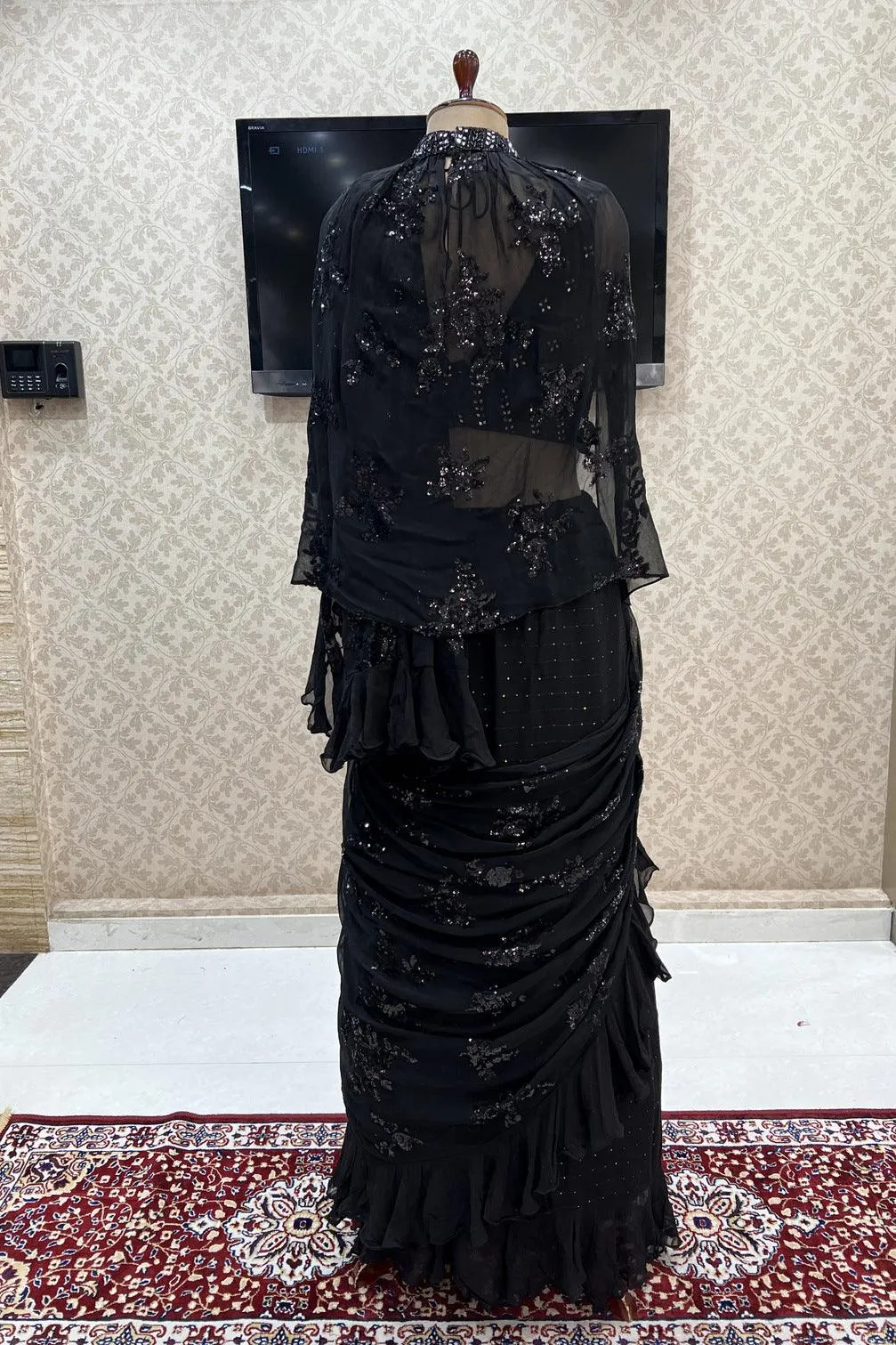 Black Readymade Fancy Saree and Readymade Blouse with Designer Poncho