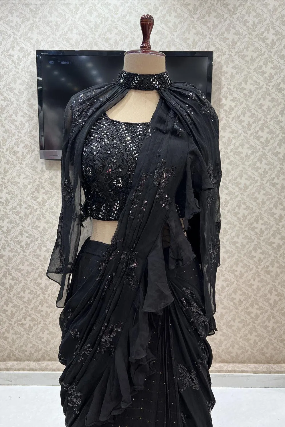 Black Readymade Fancy Saree and Readymade Blouse with Designer Poncho