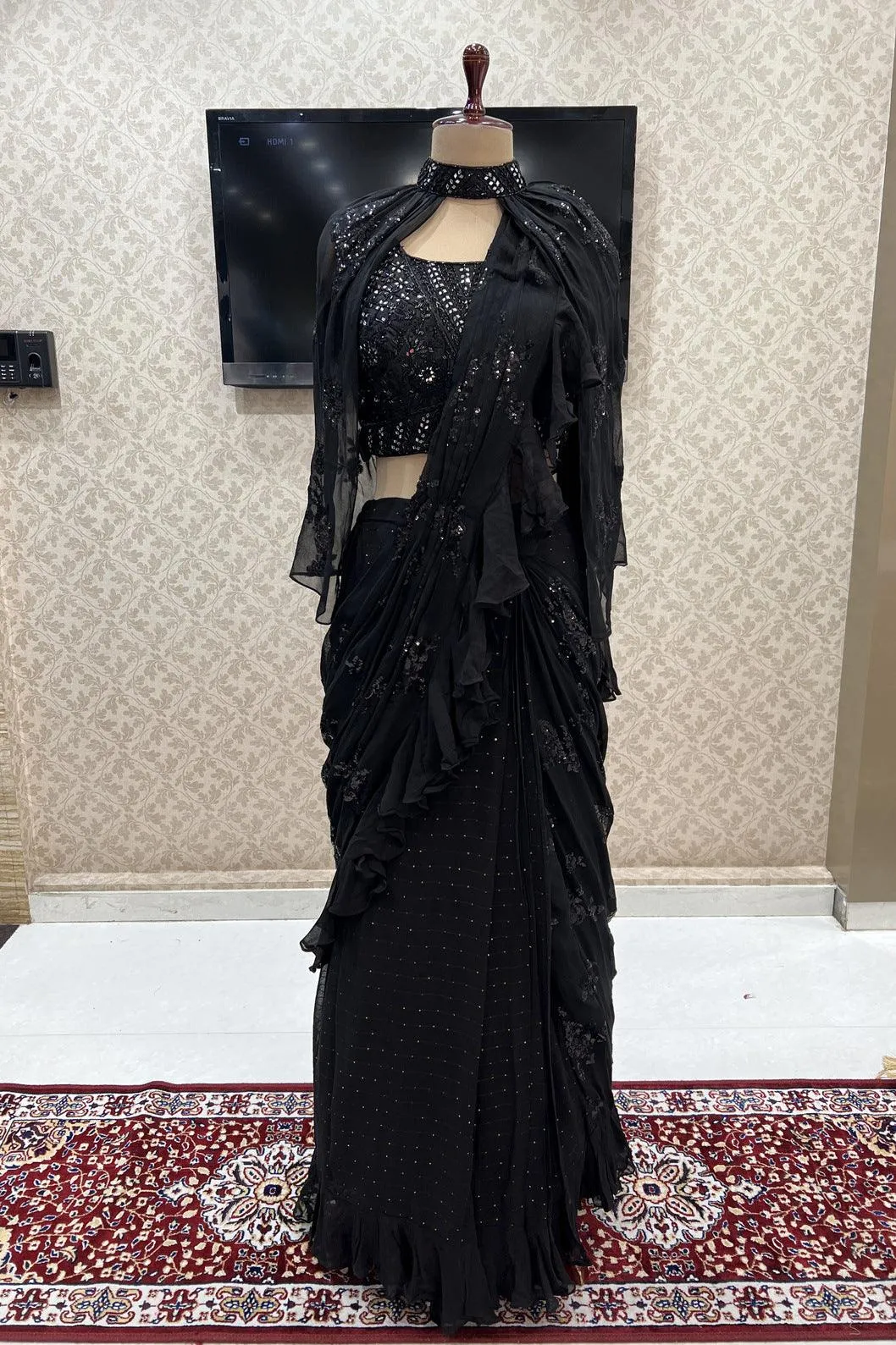 Black Readymade Fancy Saree and Readymade Blouse with Designer Poncho