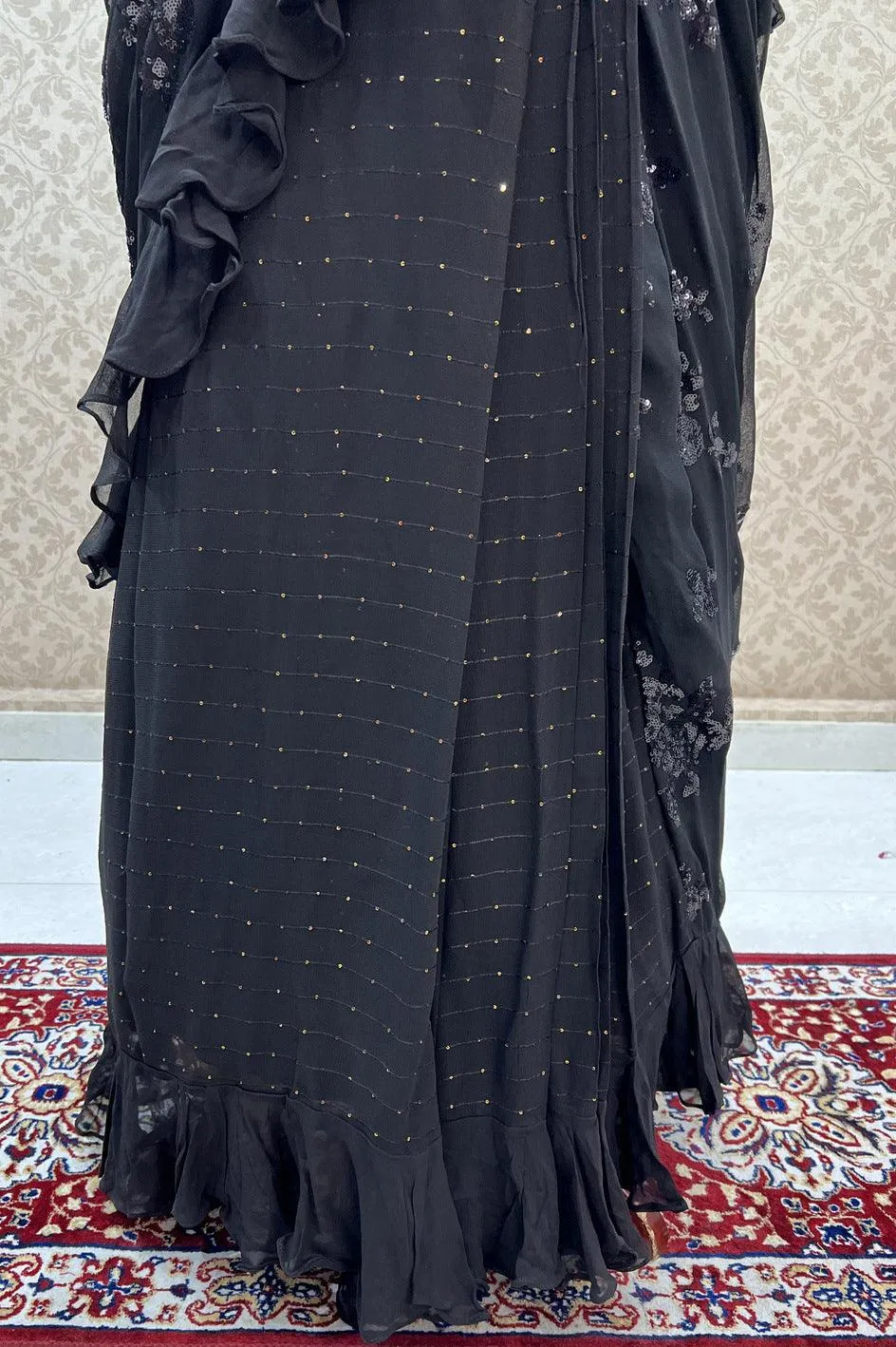 Black Readymade Fancy Saree and Readymade Blouse with Designer Poncho