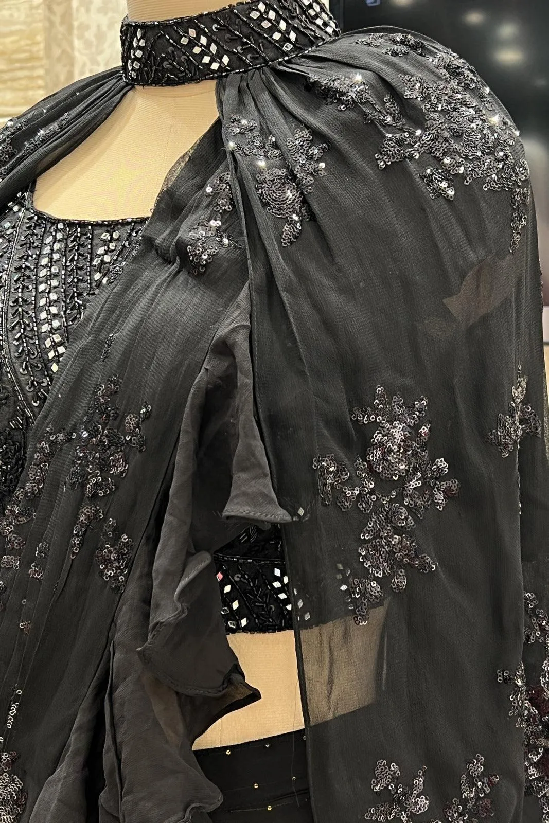 Black Readymade Fancy Saree and Readymade Blouse with Designer Poncho