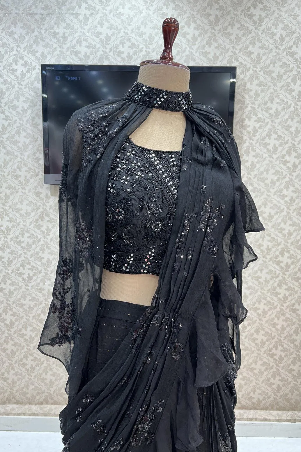 Black Readymade Fancy Saree and Readymade Blouse with Designer Poncho