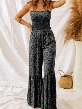 Black Smocked Bodice Floral Jumpsuit with Delicate Straps