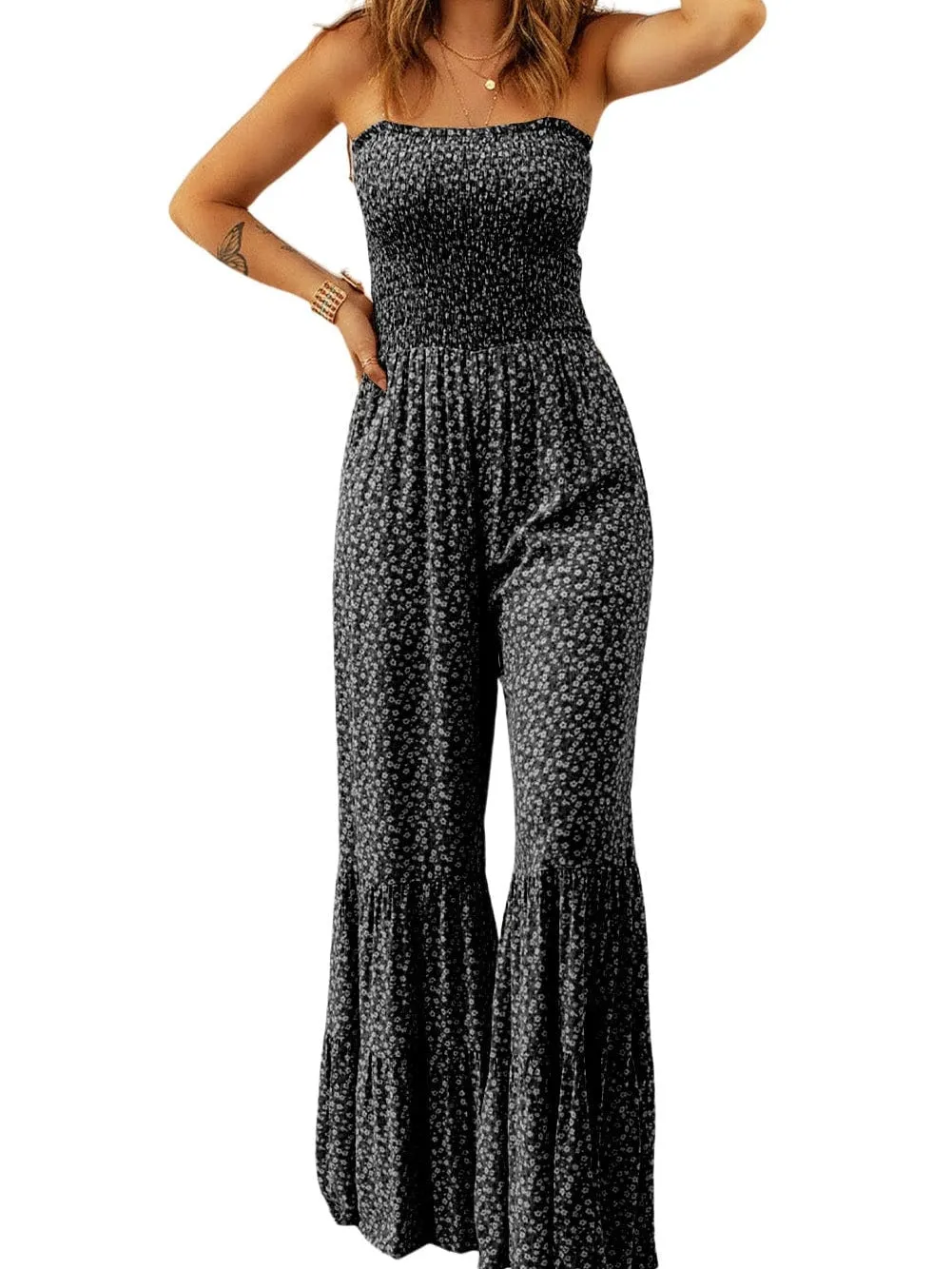 Black Smocked Bodice Floral Jumpsuit with Delicate Straps