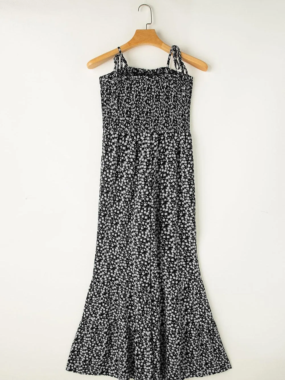 Black Smocked Bodice Floral Jumpsuit with Delicate Straps