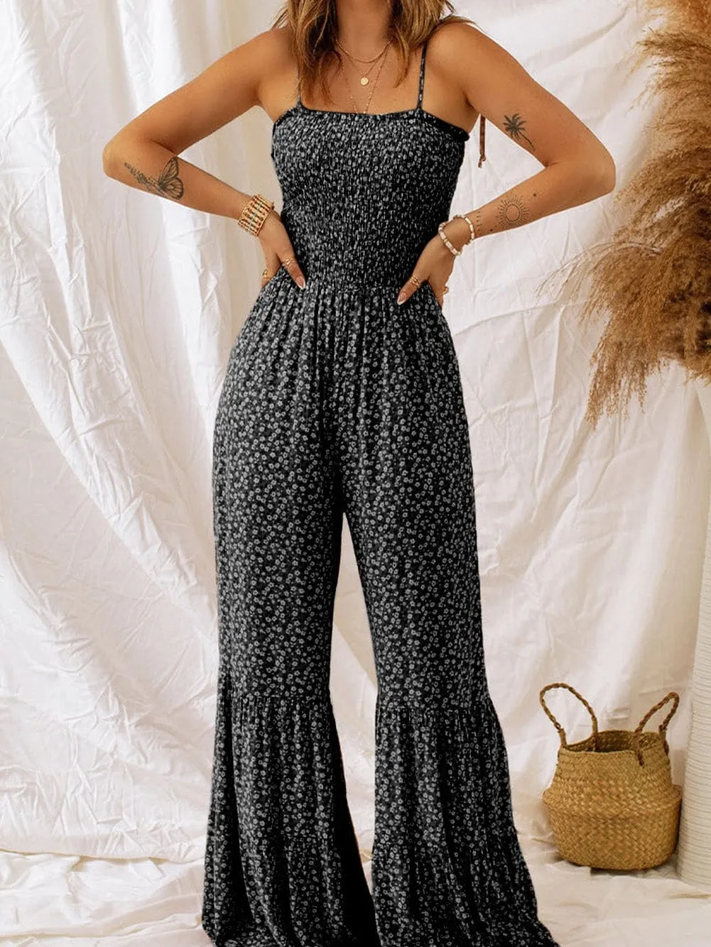 Black Smocked Bodice Floral Jumpsuit with Delicate Straps