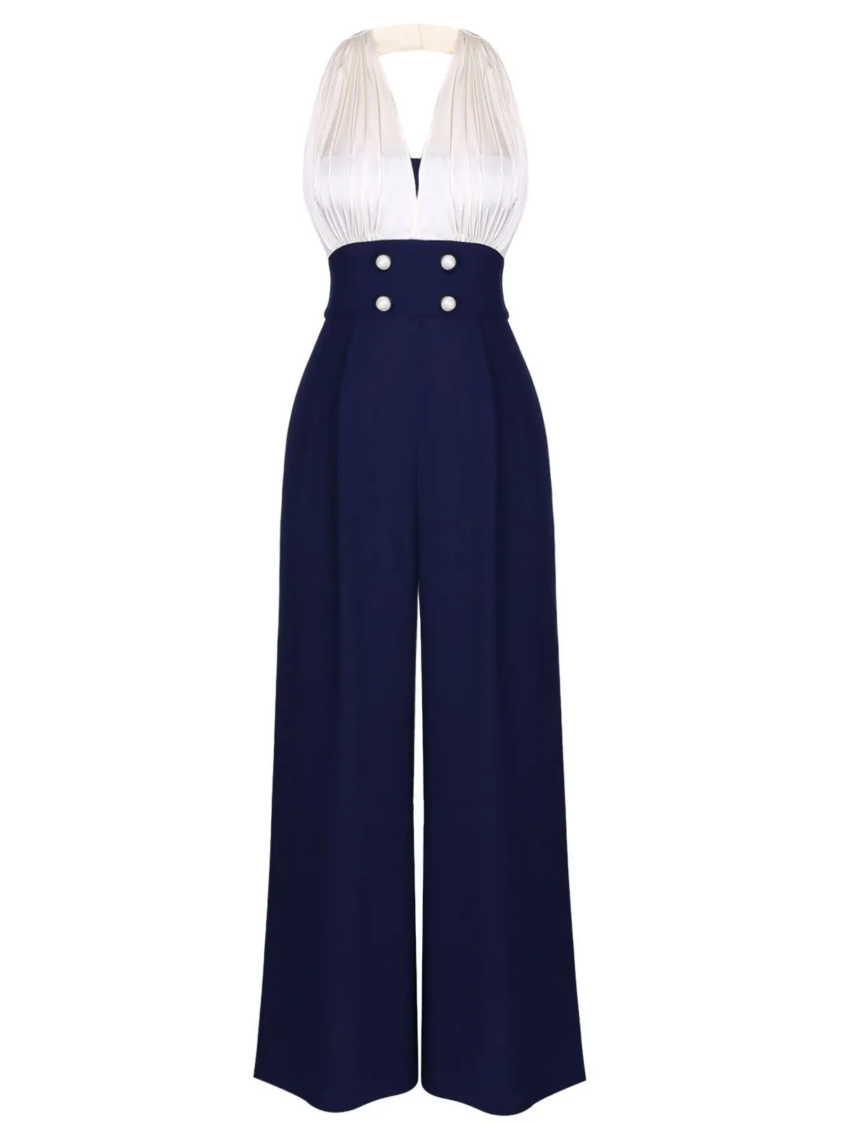 Blue 1930s Halter Patchwork Jumpsuit