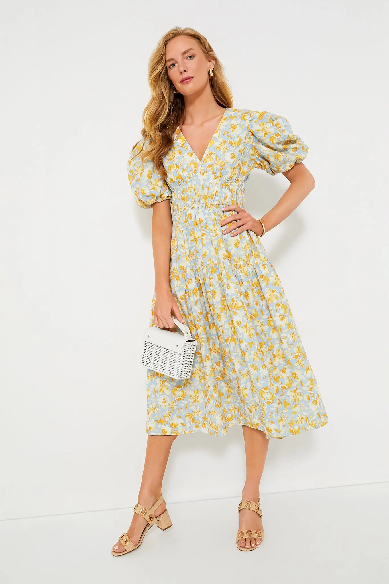 Blue and Orange Floral Puff Sleeve Pauline Midi Dress