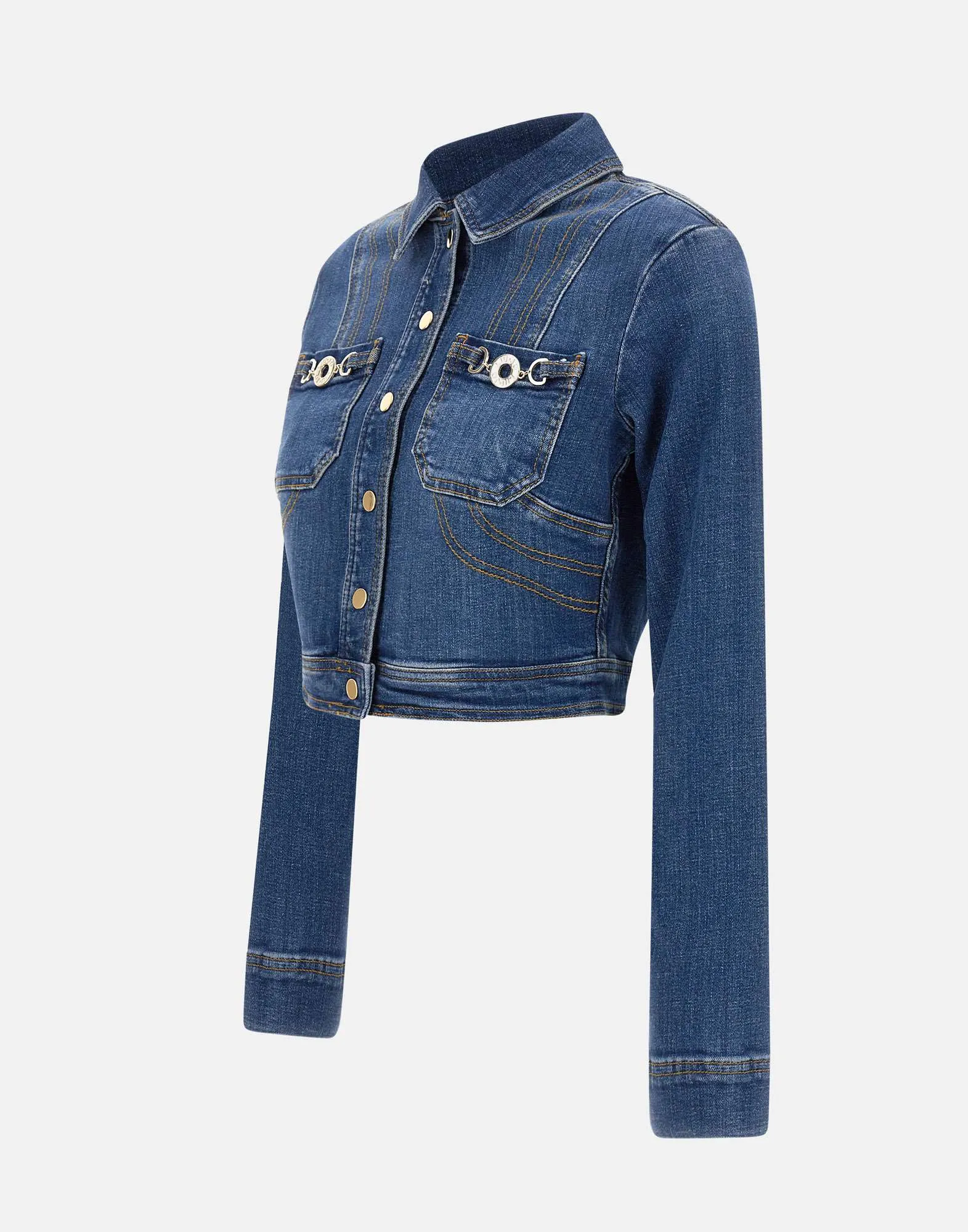 Blue Denim Crop Jacket with Gold Buttons