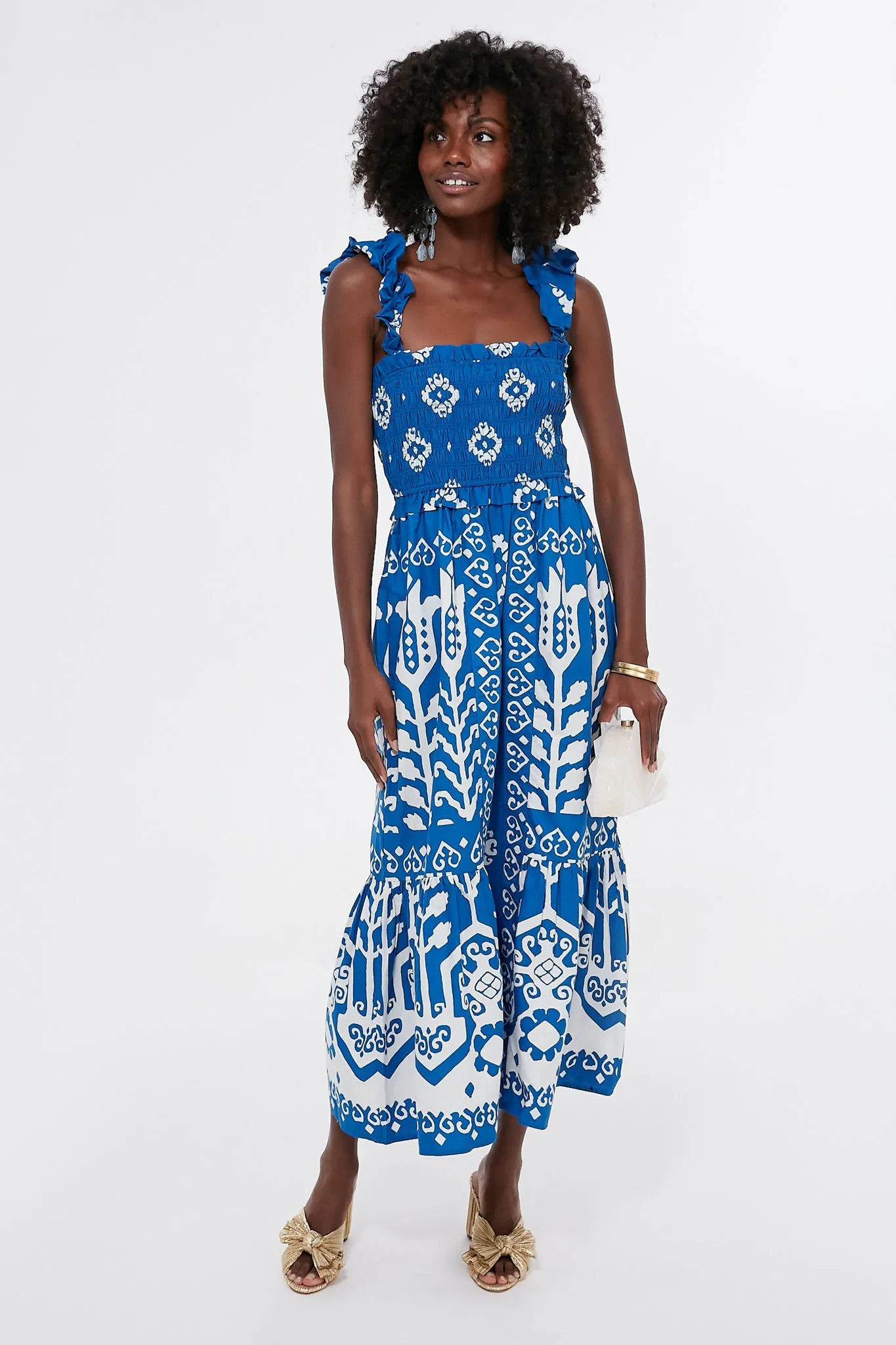 Blue Sonia Print Sleeveless Smocked Dress