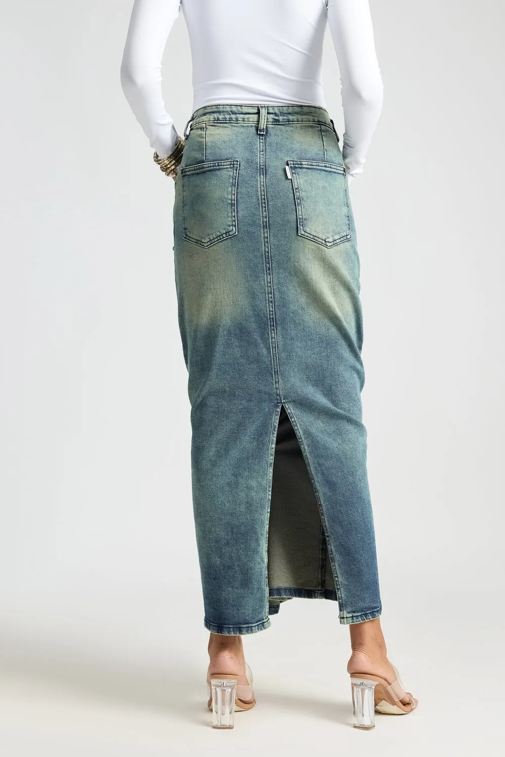 Blue Utility Pocket Denim Midi Skirt