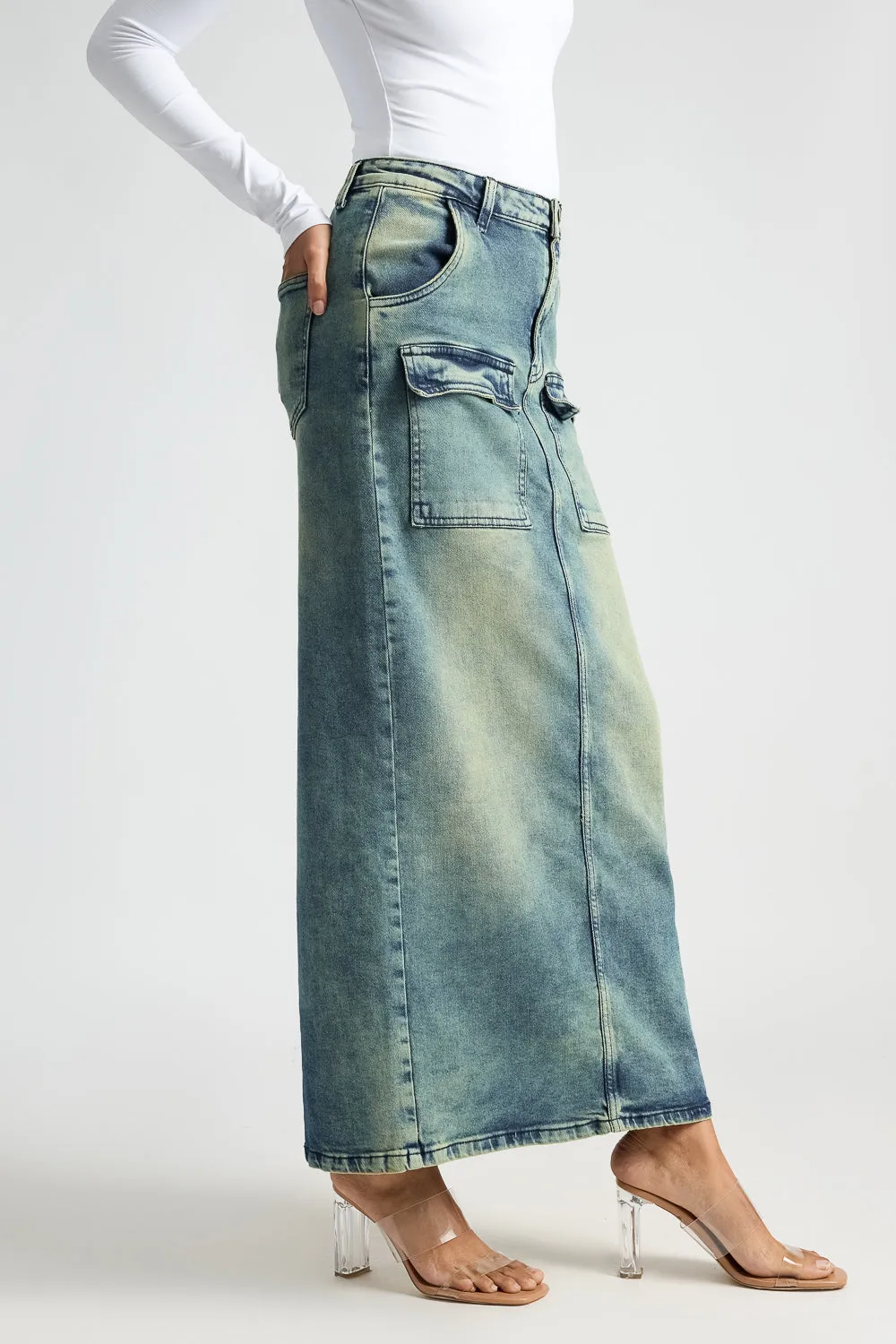 Blue Utility Pocket Denim Midi Skirt