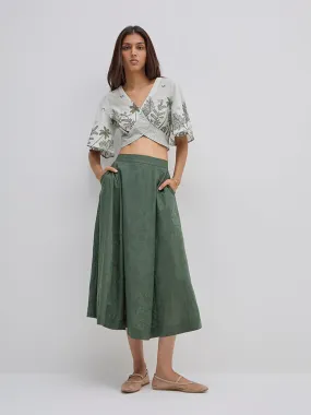 Bombay Paisley Olive Embroidered High-Rise Cotton Skirt