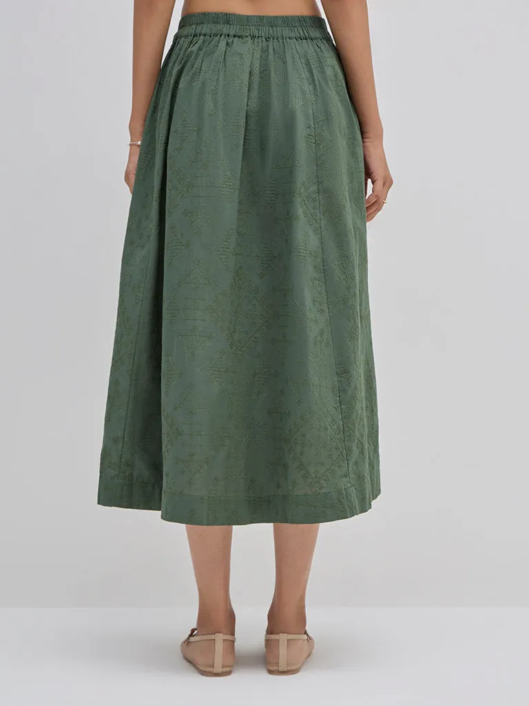 Bombay Paisley Olive Embroidered High-Rise Cotton Skirt