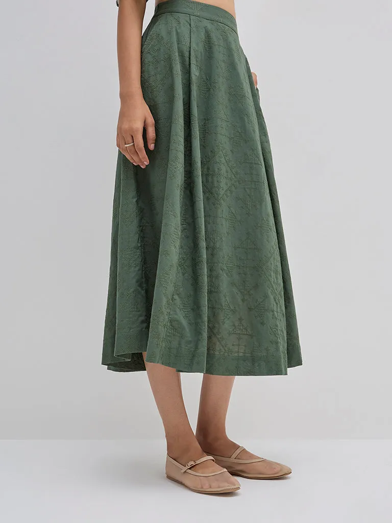 Bombay Paisley Olive Embroidered High-Rise Cotton Skirt