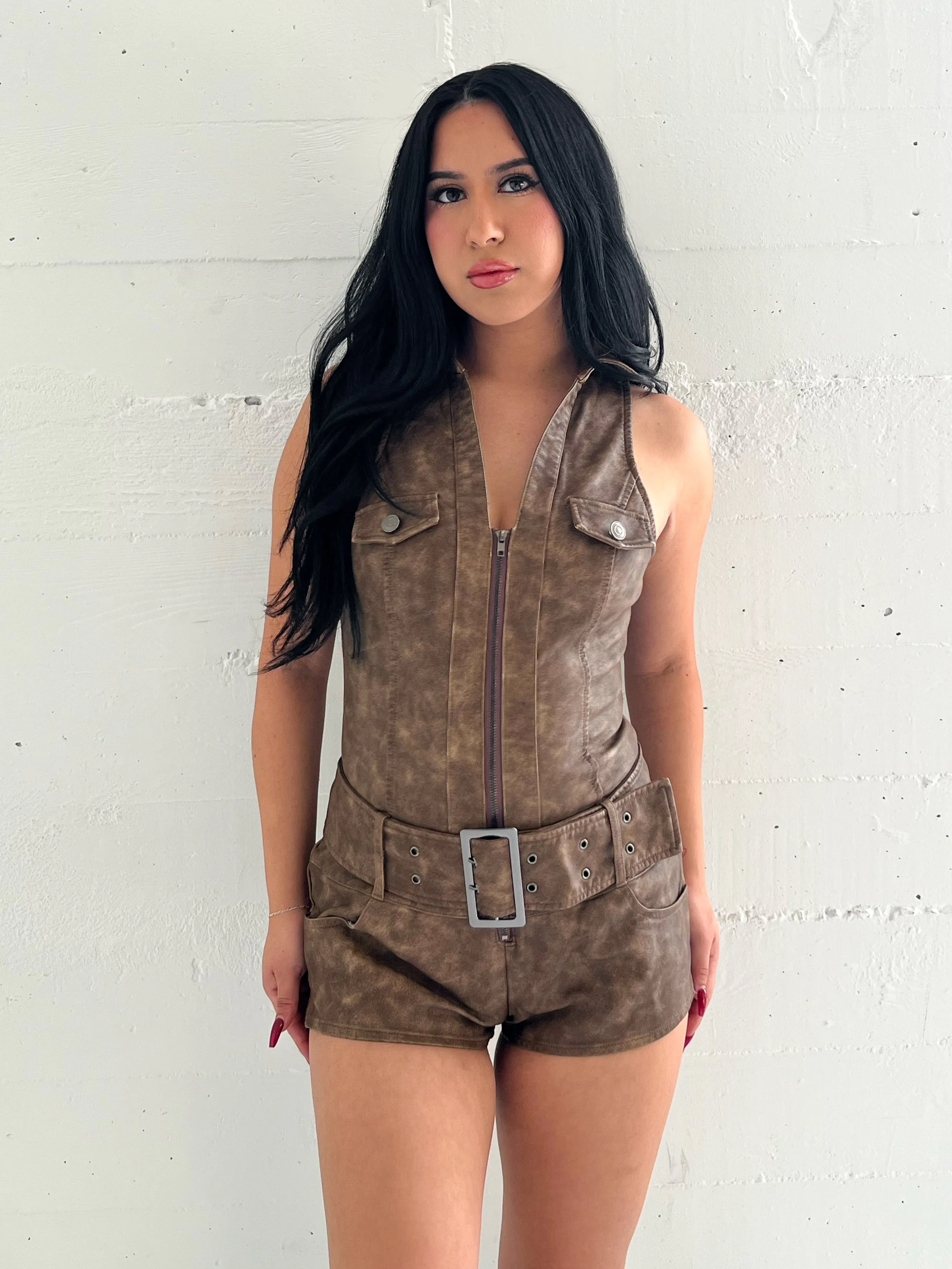 Briana Leather Romper (Camel)