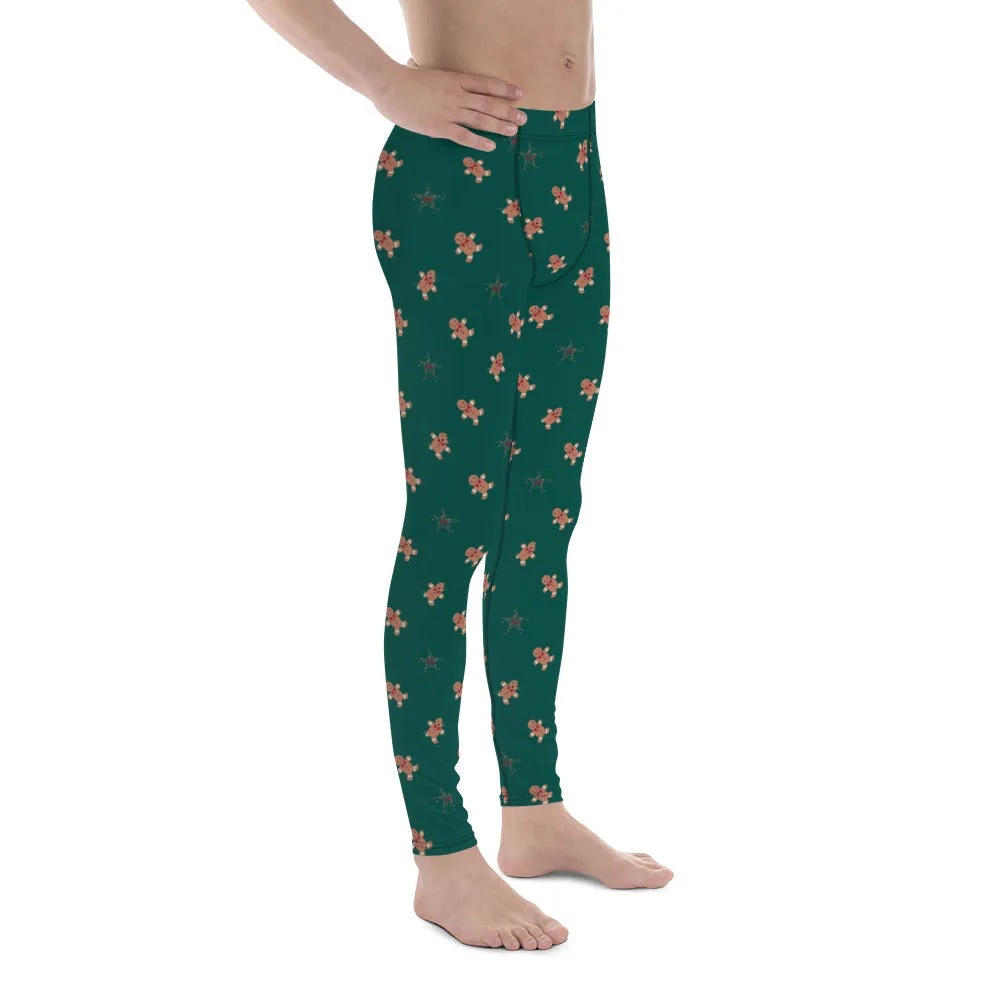 Brown Gingerbread Meggings, Cookie Christmas Print Men's Running Compression Tights