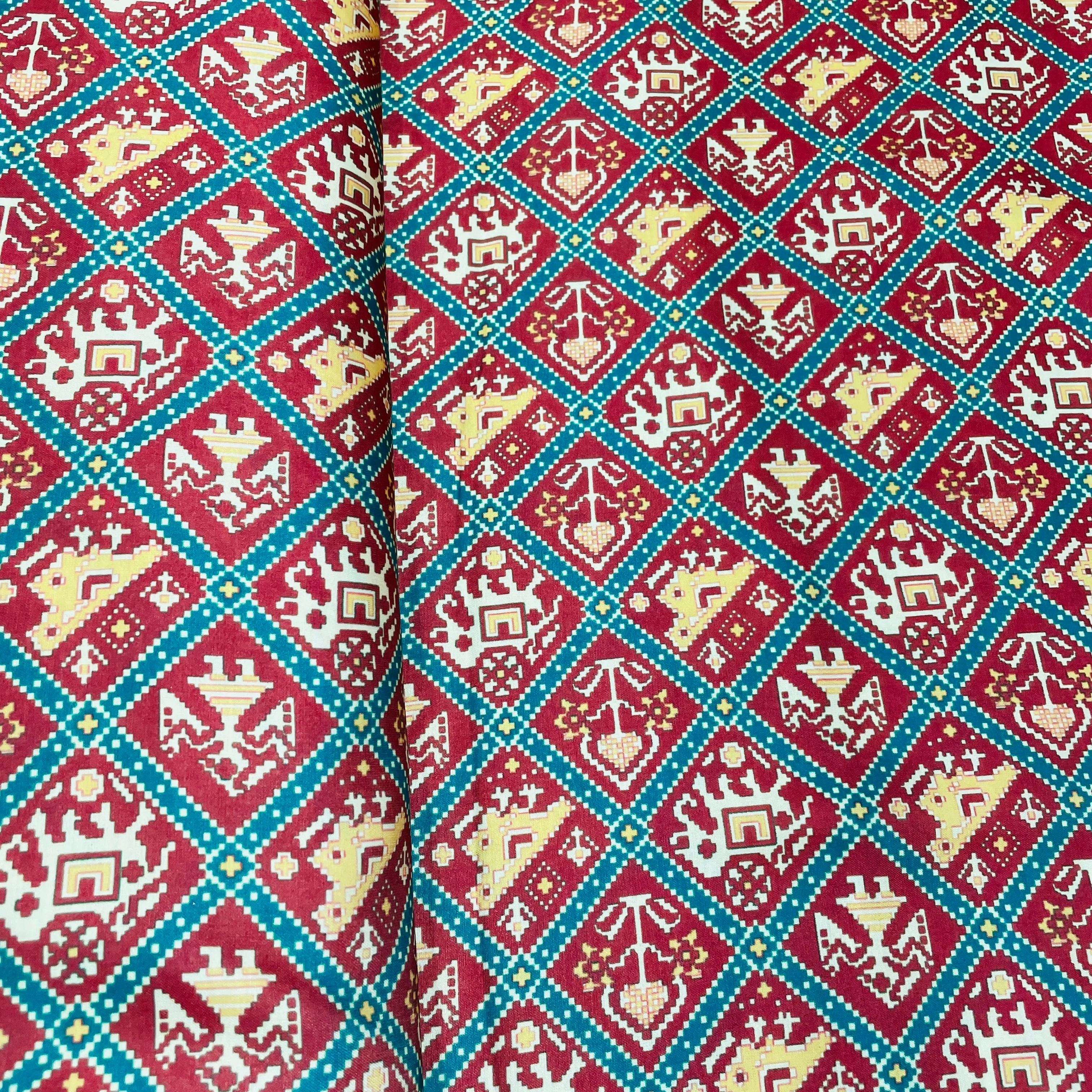 Brown Yellow Traditional Print Modal Satin Fabric