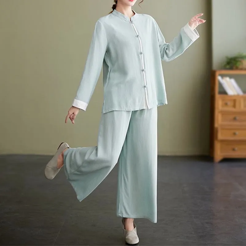 Buddha Stones 2Pcs Tang Suit Long Sleeve Shirt Top Pants Meditation Zen Tai Chi Cotton Linen Clothing Women's Set