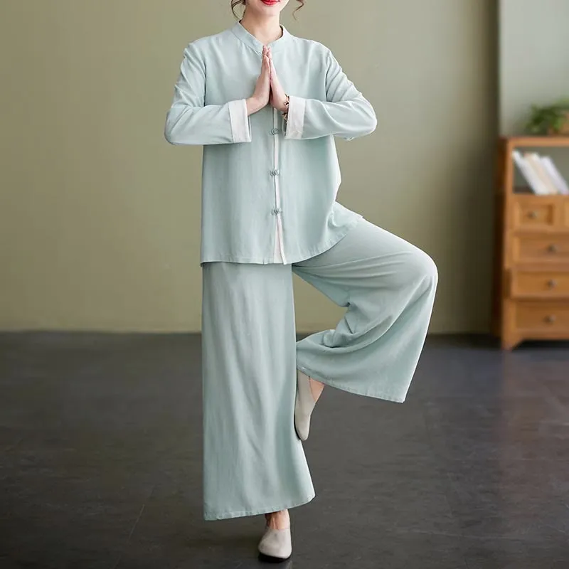 Buddha Stones 2Pcs Tang Suit Long Sleeve Shirt Top Pants Meditation Zen Tai Chi Cotton Linen Clothing Women's Set