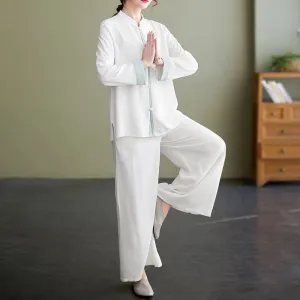 Buddha Stones 2Pcs Tang Suit Long Sleeve Shirt Top Pants Meditation Zen Tai Chi Cotton Linen Clothing Women's Set