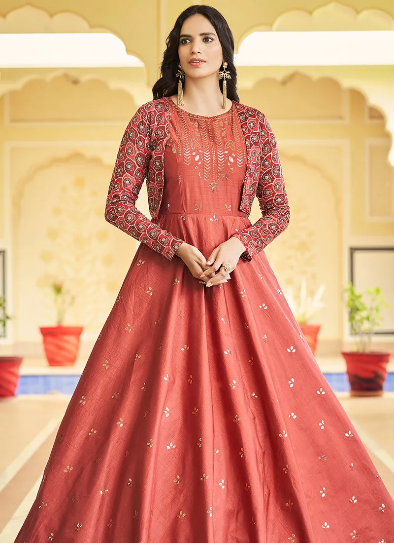 Burnt Orange Sequence Embroidered Anarkali Gown With Jacket