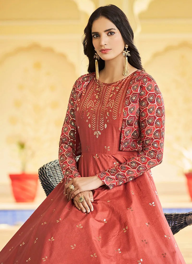 Burnt Orange Sequence Embroidered Anarkali Gown With Jacket